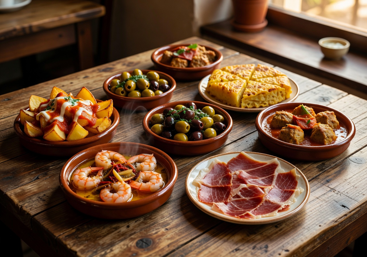 Assorted Spanish Tapas on a wooden table