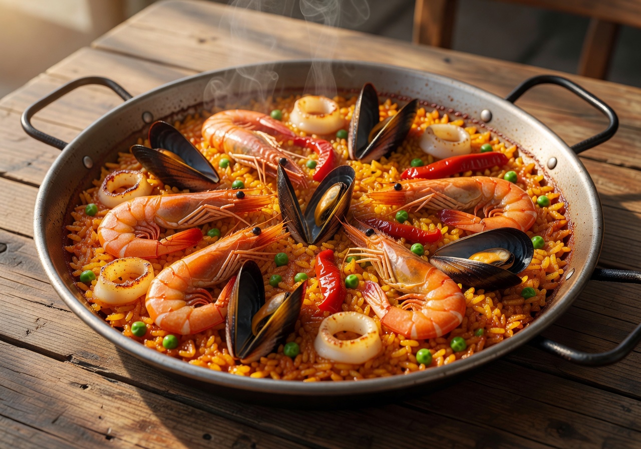 Authentic Spanish Seafood Paella in a pan