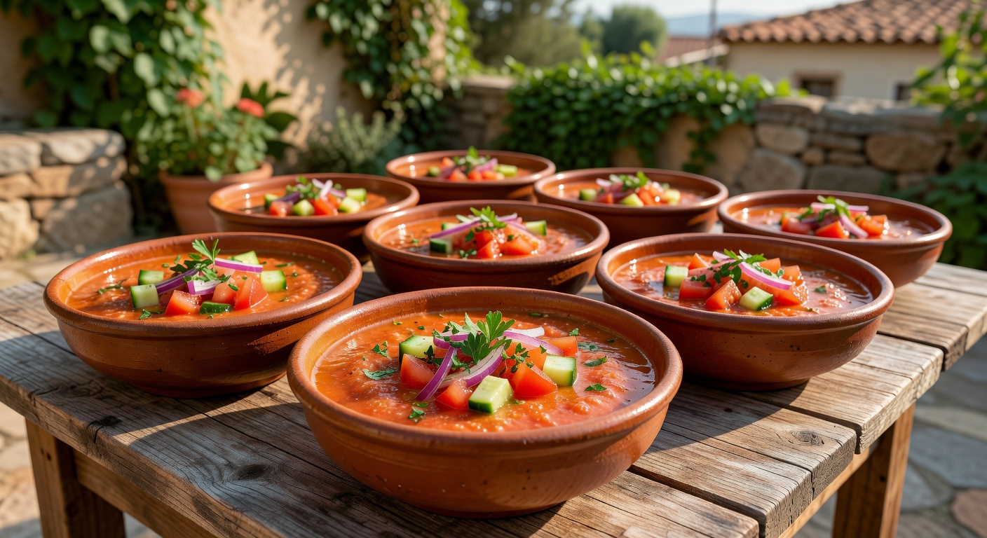 Bowls of fresh Gazpacho soup