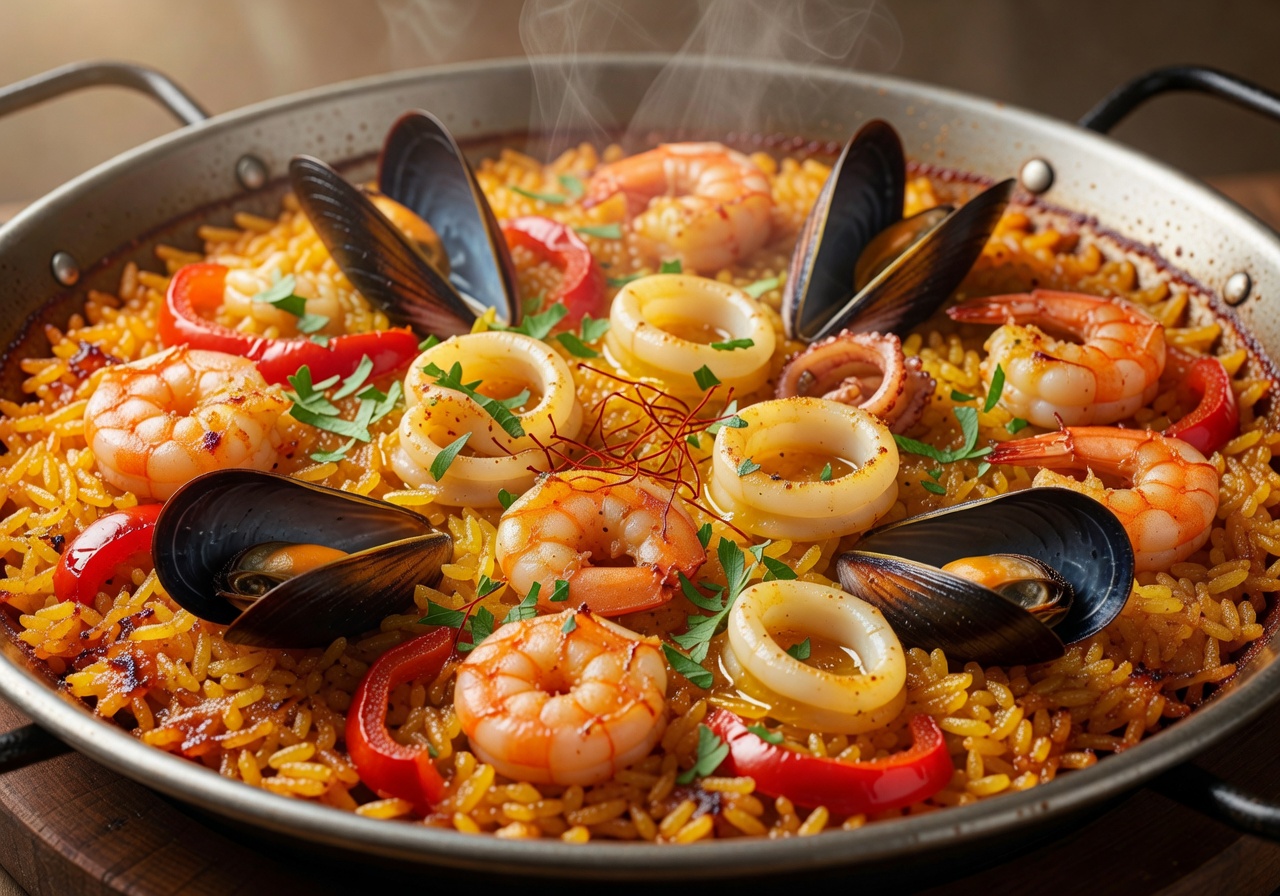 Close up of seafood paella