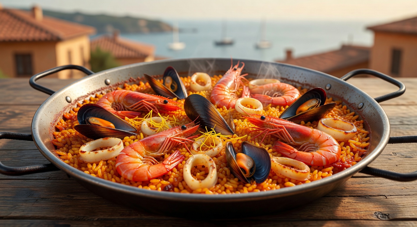 Large pan of Spanish Seafood Paella
