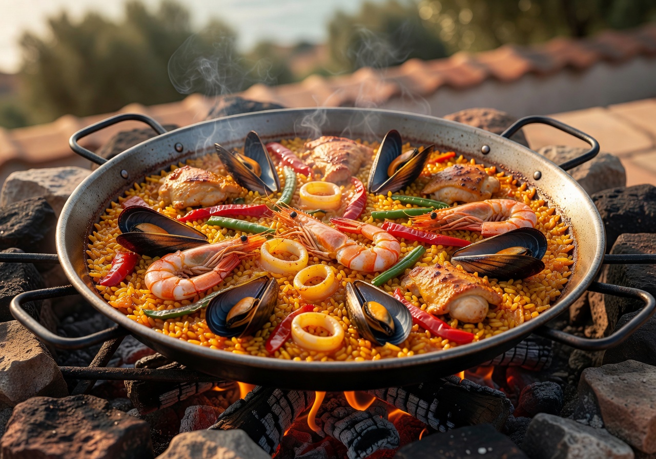Paella cooking in pan