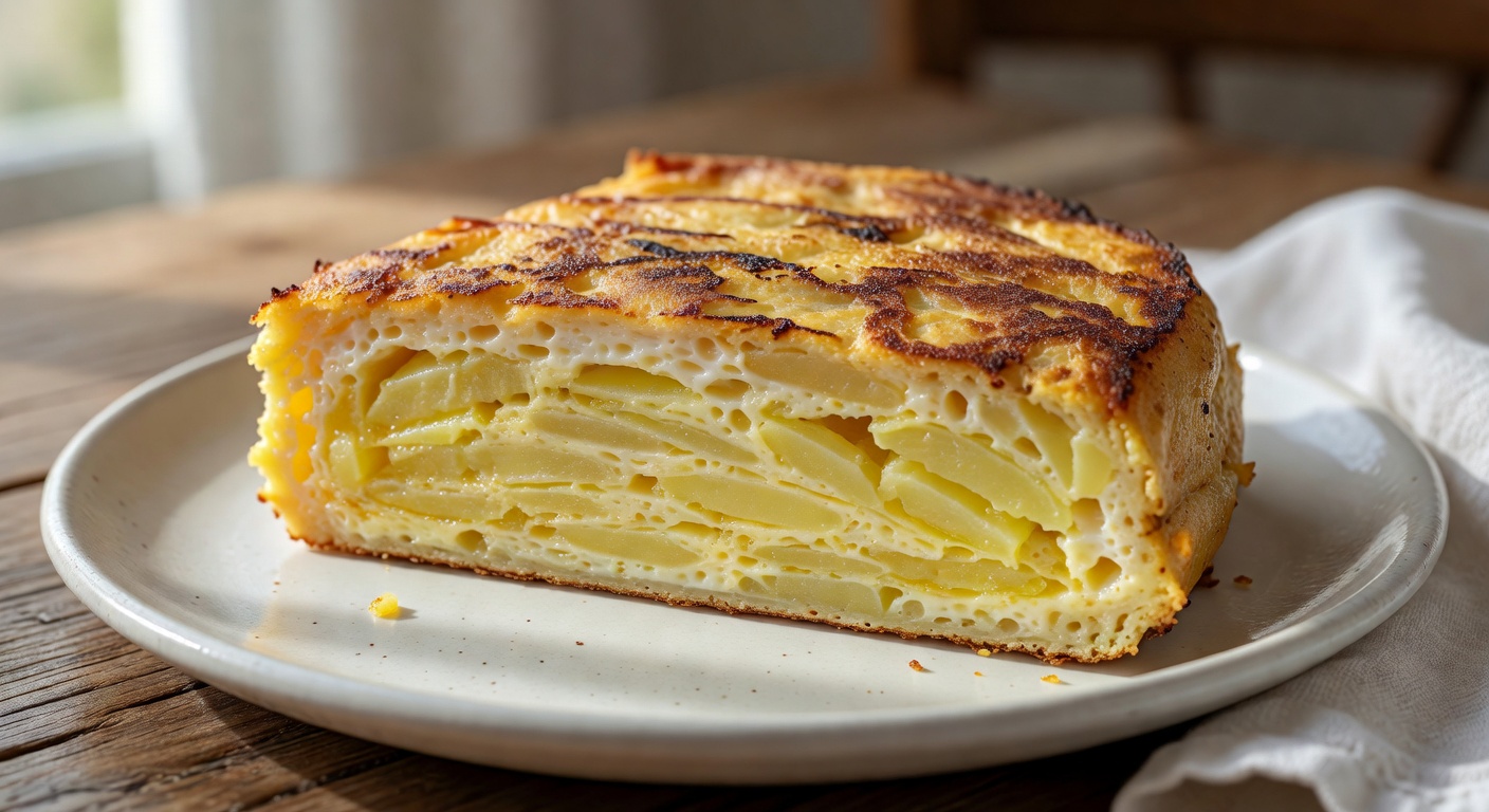 Thick wedge of Tortilla Española on a plate